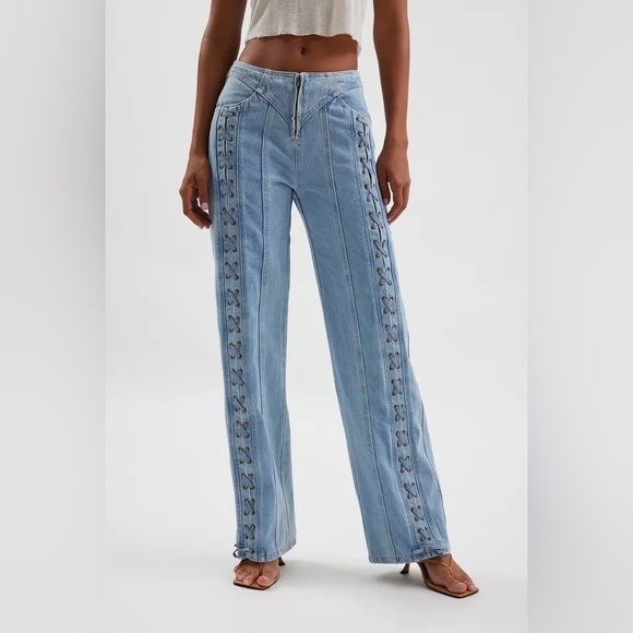 Lioness Denim - Lioness Daydream Tie Up Jean / Sky Blue Lace-Up Wide Leg Jeans